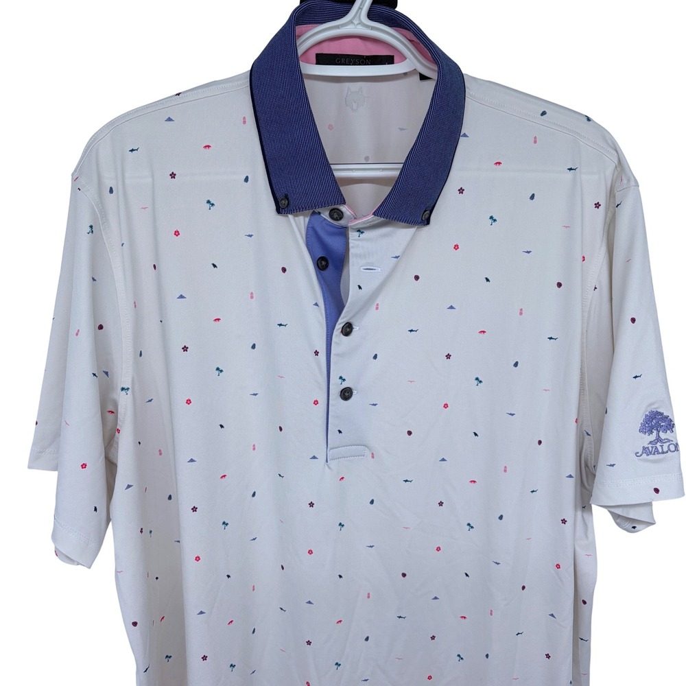 Greyson Golf Polo Large Men's Eggshell Avalon‎ Logo AOP Golfing Performance
